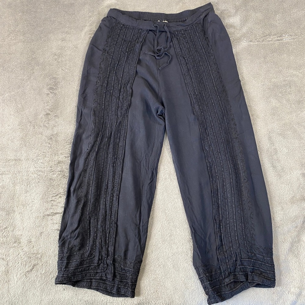 Devi Pants Women One Size Black Split Leg Embroidered Boho Gaucho Cropped Flowy